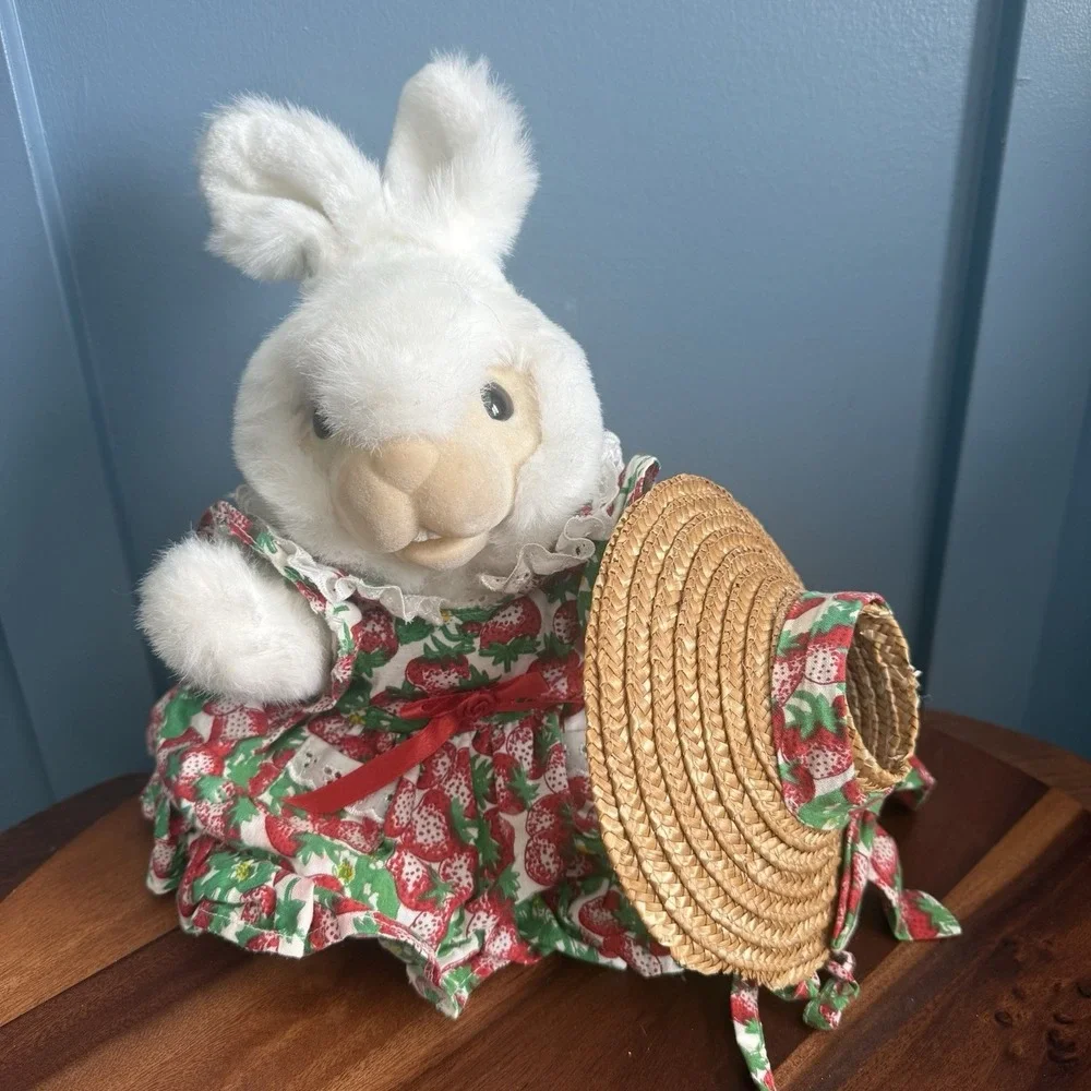 Vintage 1994 Hosung Bunny Rabbit Hand Puppet Plush Strawberry Dress Straw Hat